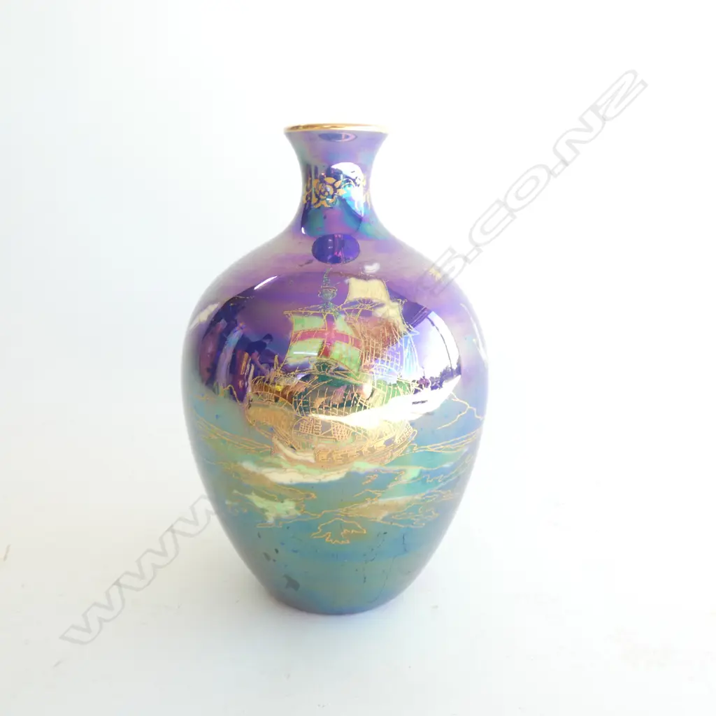 A Crown Devon vase, lustre blue-violet with galleon Image 1++